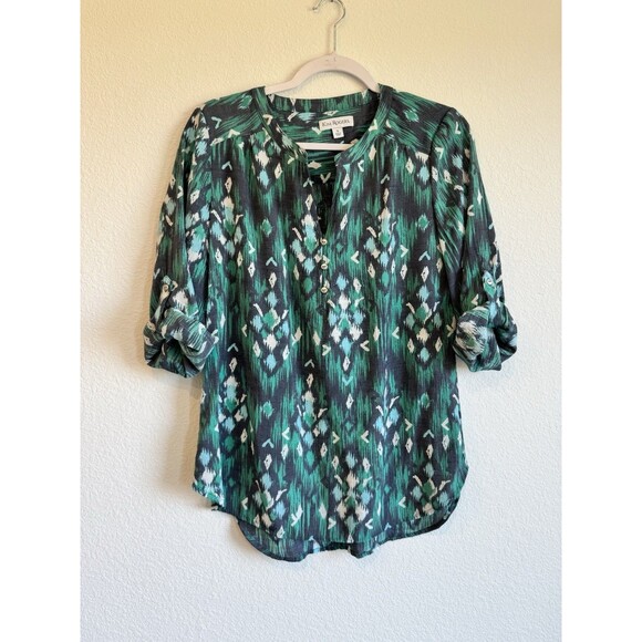Kim Rogers Women's Green Gray Geometric Henley Blouse Roll Tab Sleeve Small - Picture 1 of 9